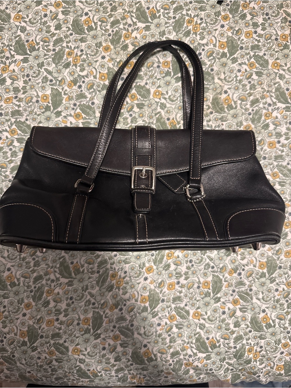 Coach Black Leather Buckle Satchel with Contrast Stitching
